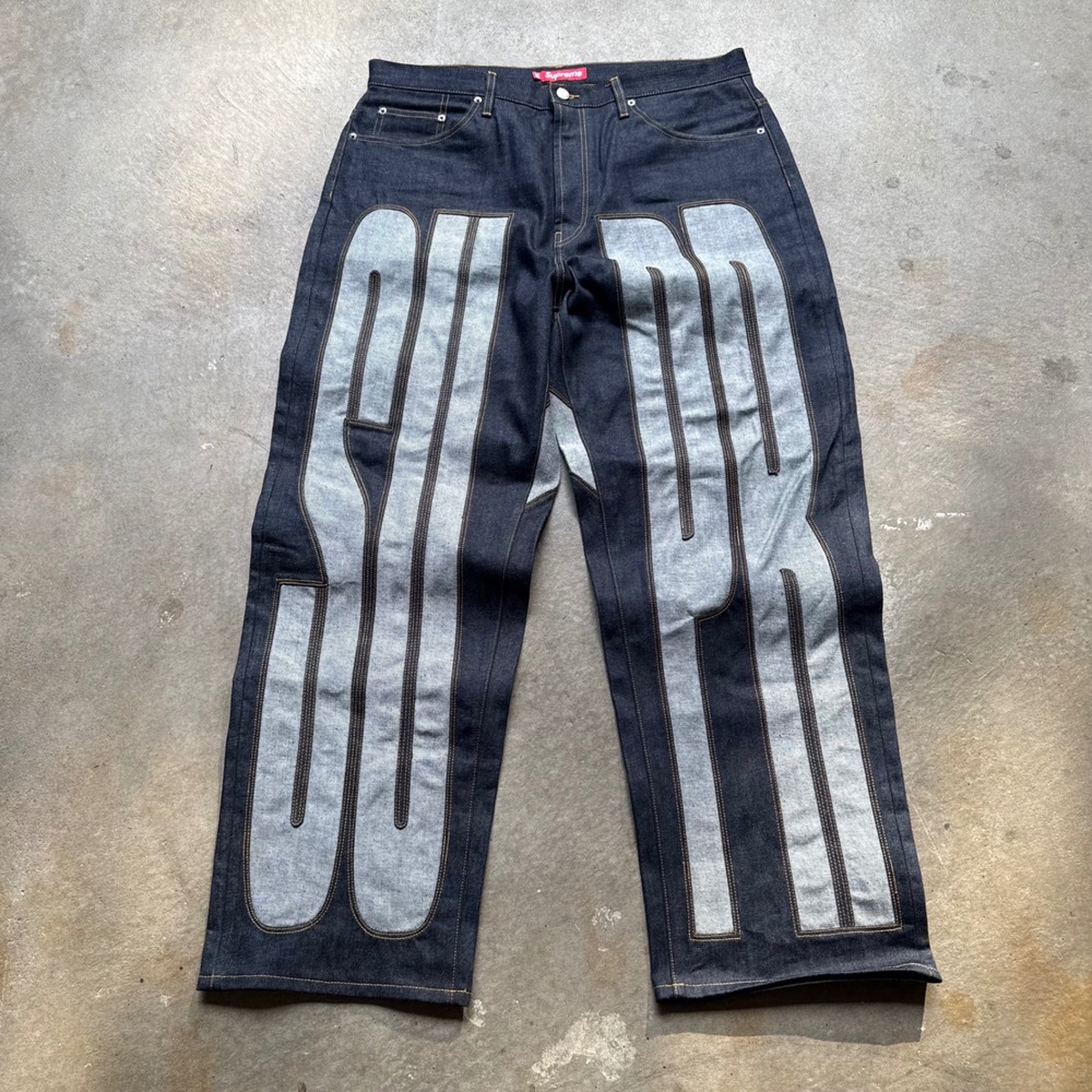 Supreme Selvedge Inset Baggy Logo Spellout Jeans Indigo Denim Size 36